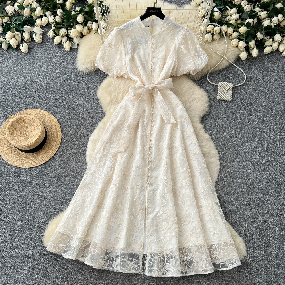 Elegant Lace Embroidered Dress for Women High-Waisted A-Line Skirt Summer Suitable for Commuting And Banquets_ecoleips.com