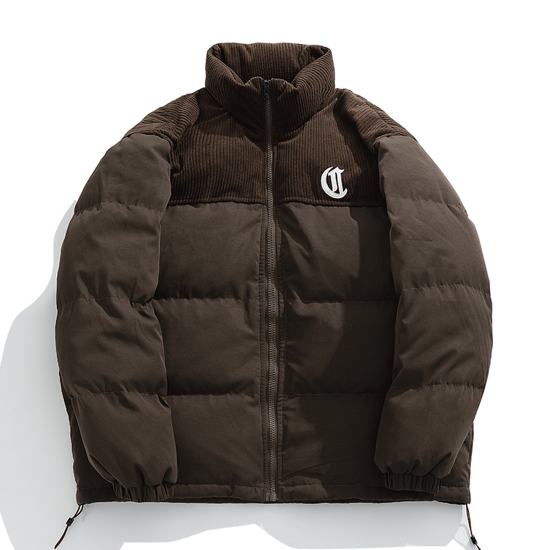 Chaqueta de pana con cuello alto y patchwork de algodón, chaqueta acolchada gruesa de invierno, chaqueta de algodón con bordado de letras de marca de moda para parejas