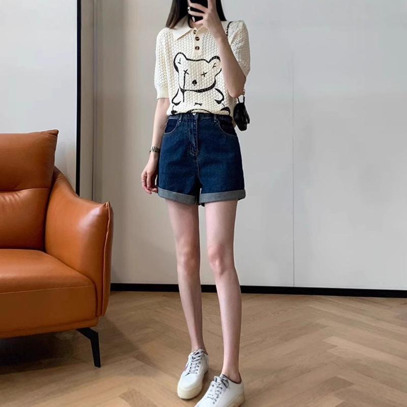 Clearance Sale Dark Blue Rolled Hem Denim Shorts for Women Summer High Waist Petite Wide Leg Loose Fashion Shorts