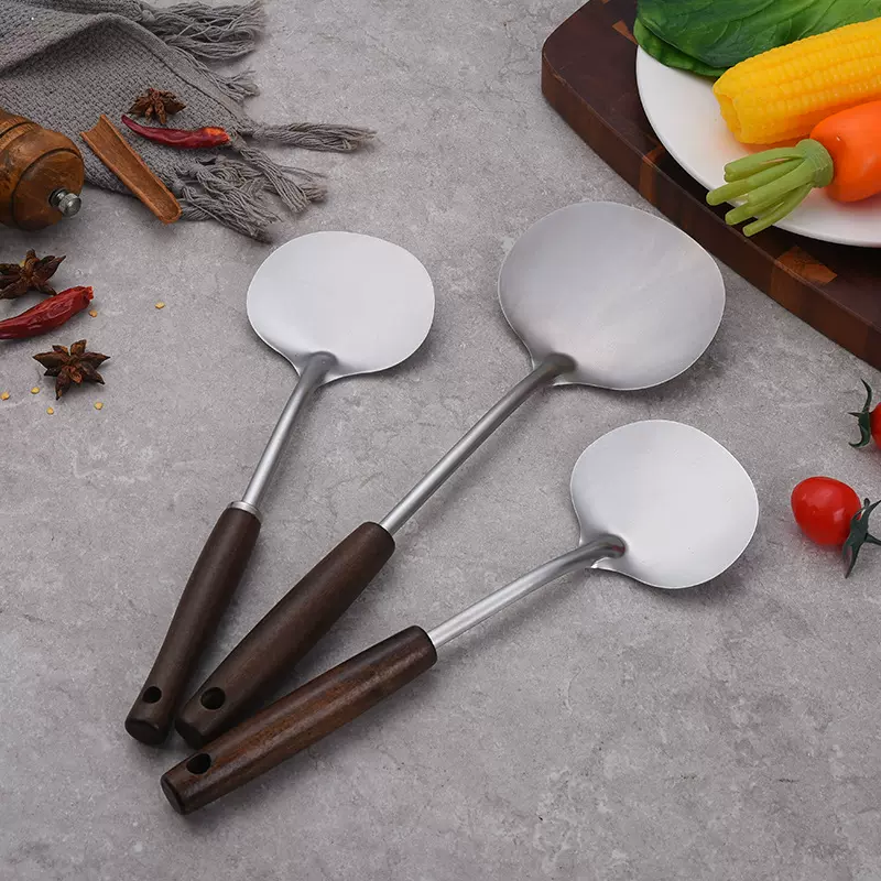 跨境加长复古木柄挂孔木锅铲 厨房烹饪工具炒菜加厚不锈钢蘑菇铲