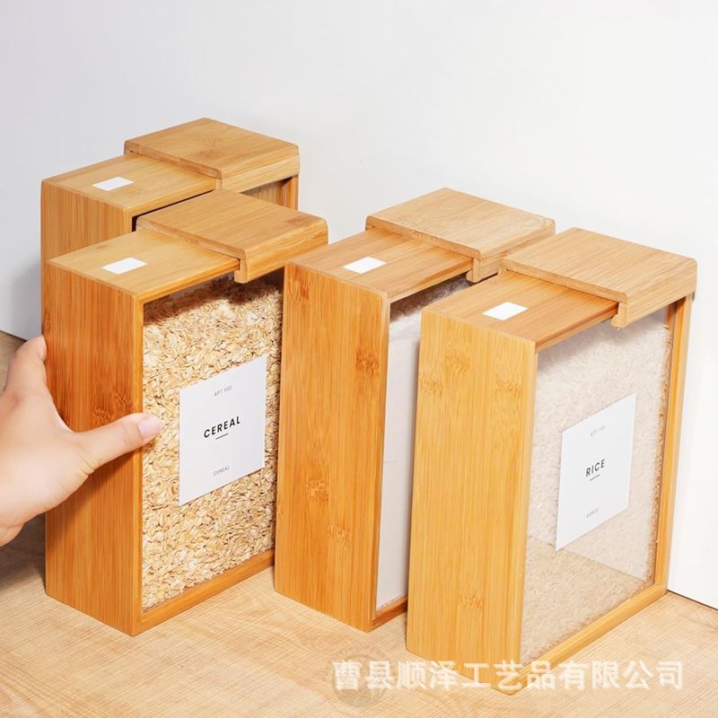 Cross Border Bamboo Kitchen Grain Storage Box Transparent Acrylic Grain Dispenser Wooden Oatmeal Food Box