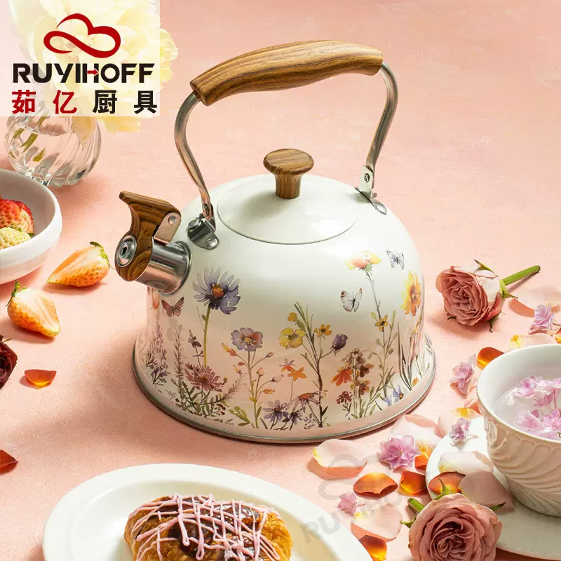 跨境创意小清新花园鸣笛烧水壶欧式不锈钢煮水壶3L新款花朵鸣音壶
