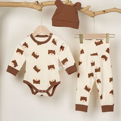 Korean style bear onesie spring and autumn long-sleeved baby crawling suit underpants with hat three-piece set 