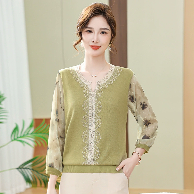 Весенне-осенний вязаный костюм-рубашка для молодой мамы 2024, новинка весны, модный уменьшающий возраст топ в западном стиле для женщин среднего возраста