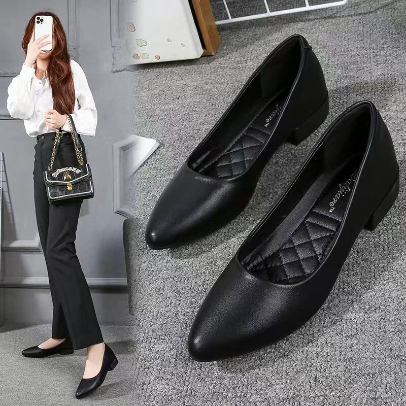 Leather Pointed Toe Thick Heel Flat Shoes Professional Women's Shoes Black Work Shoes Soft Sole Bank Hotel Work Leather Shoes New Style