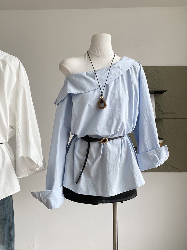 【Autumn New Arrival】尽情美丽尽情装扮自己#斜肩纯色收腰衬衫|undefined