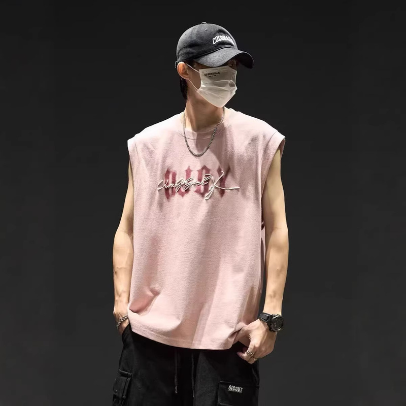 In-Stock Ins-Style Men's Vest Set, Summer Loose Casual Round-Neck Sleeveless T-Shirt Set, Black Cool Vest