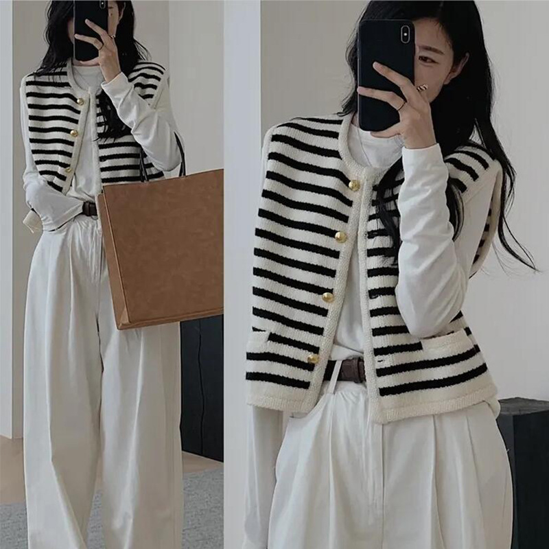 French Style Fragrant Striped Vest Women's Spring and Autumn Thin Outer Sleeveless Jacket White Casual Vest Trendy Top