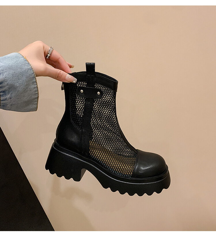 Boot nữ cổ cao đế dày gót bánh xốp da bò lưới thoáng khí xuân hè 2024 — Màu đen, Màu trắng be chi tiết 38