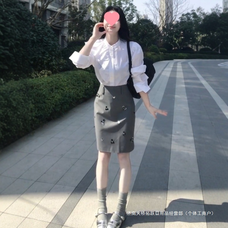 跨境灰色钉珠亮片西装半身裙女夏季直筒裙气质修身裙子轻奢通勤短|undefined