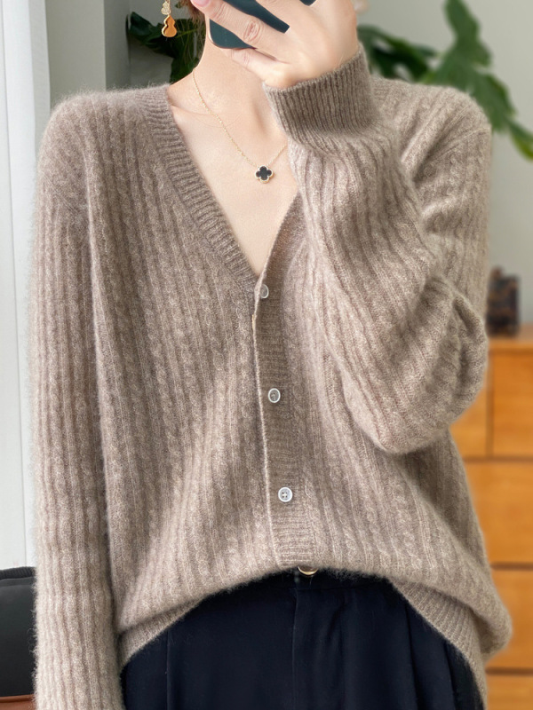 羊毛开衫女100纯羊毛春秋款V领扭花毛衣外套外搭针织衫打底衫|undefined