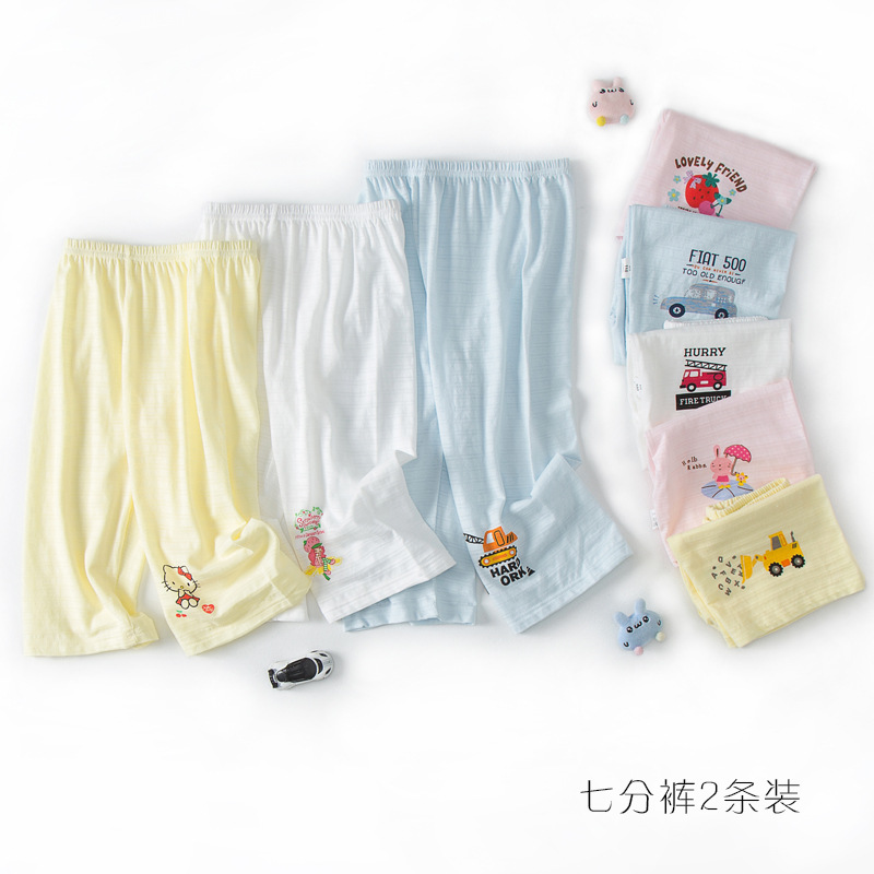 Children's cotton cropped pants men's and women's bamboo cotton thin loose mid-waist shorts home bottoming pajama pants 2 pack