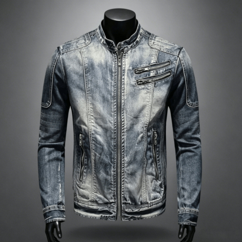 2026 Cross-Border European and American Retro Distressed Denim Jacket for Men, European Luxury Zip-Up Biker Jacket, Casual Trendy Top 2026 Cross-Border European and American Retro Distressed Denim Jacket for Men, European Luxury Zip-Up Biker Jacket, Casual Trendy Top
