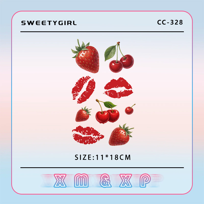 Sweet Girl Fruit Tattoo, Raspberry and Cherry Intertwined with Red Lips, Fresh Colors and Full of Vitality, Temporary Tattoo Is Super Eye-Catching~