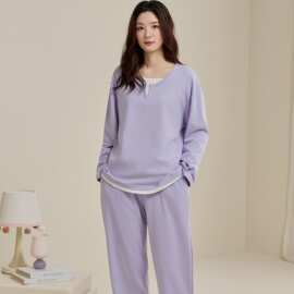 春秋新款纯棉女长袖长裤套头睡衣假两件时尚休闲女家居服图片色