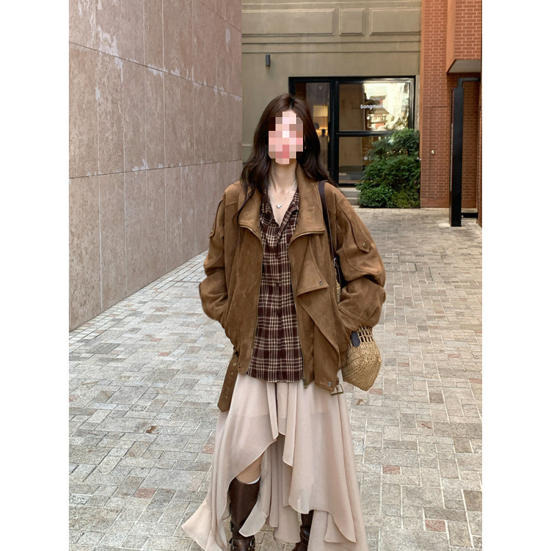 美拉德麂皮绒机车外套2026秋季复古休闲宽松慵懒翻领设计感夹克杉