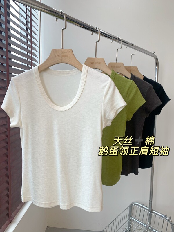 Versatile and Slimming Lenzing Tencel Combed Cotton Skin-Friendly Slightly Fitted U-Neck Regular Shoulder Short-Sleeve T-Shirt 031527