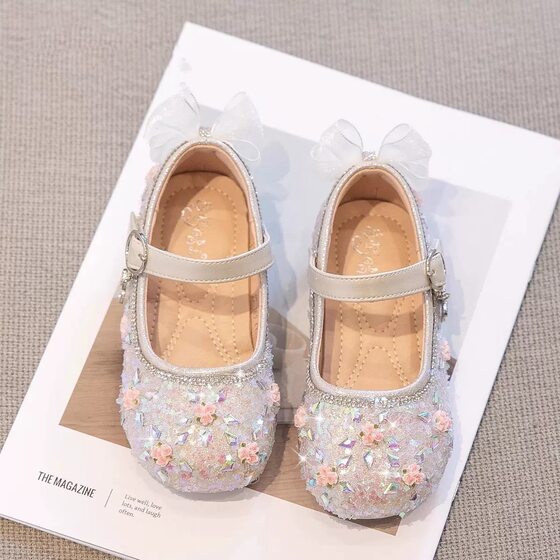 Girls Princess Shoes 2025 Spring New Children's Crystal Shoes Women's Shoes Soft-soled Leather Shoes with Dress Spring