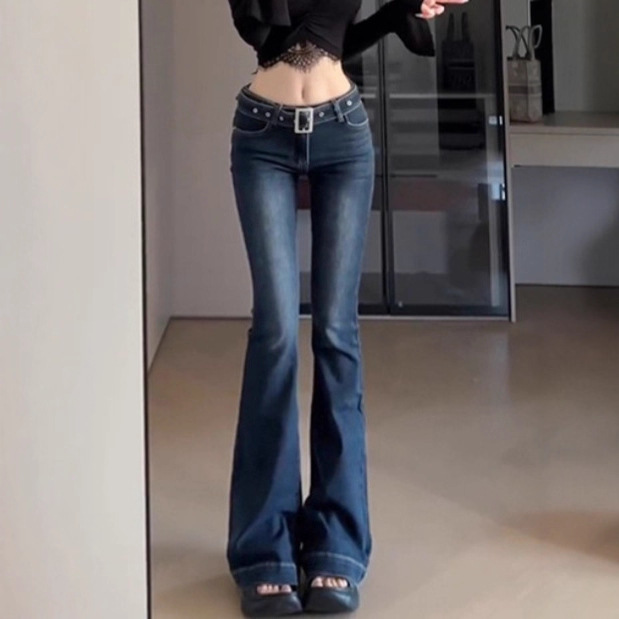 [Han Niu] Winter Slimming Look Elastic Belt with Low Waist and Slim Retro Hong Kong Style Micro-Flared Jeans for Women
