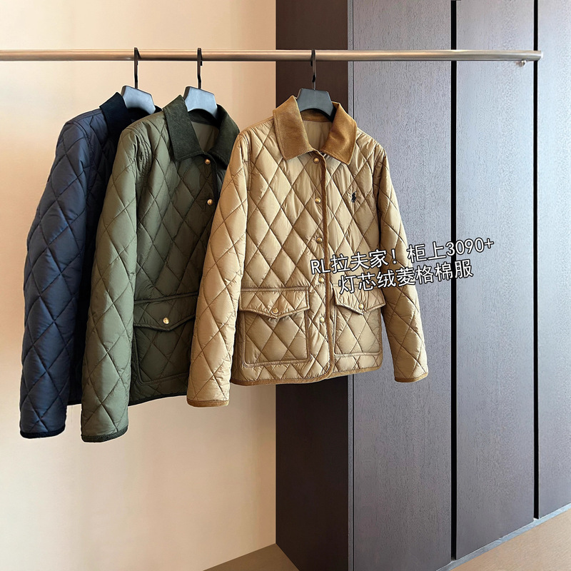 Old Money Style Women's Clothing Pony Embroidered Quilted Cotton Jacket Corduroy Lapel Lightweight Jacket Cotton Jacket Women's Autumn and Winter