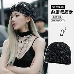 趙露思jennieと同じスパンコールニット帽の子供の甘い蝶結びの流行パンク風包頭帽子の冷たい帽子