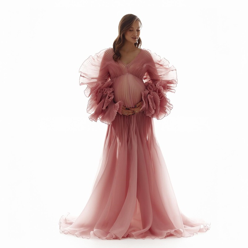 Pregnant Women's Photography Clothing Pleated See-Through Maternity Photo Dress