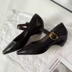 羊皮版~法式复古尖头一字扣带玛丽珍女鞋浅口真皮坡跟百搭单鞋女