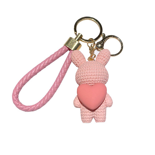 Cartoon hugging heart knitting wool rabbit and bear keychain cute couple pendant creative car key chain decoration wholesale