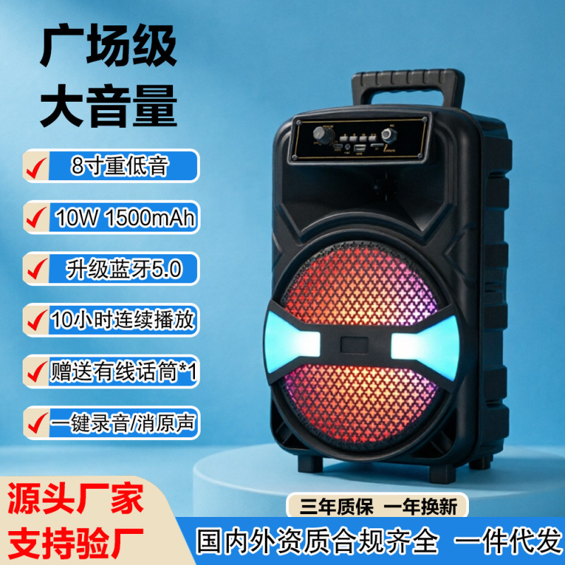 Bluetooth Speaker Portable 8inch Square Dance Outdoor Singing Mobile Ktv Audio Subwoofer with One Microphone
