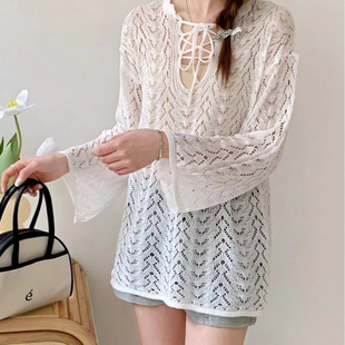 2025 New Summer Style Atmospheric Cut Out Sexy Long-Sleeved Knitwear Slightly Fat mm Loose and Versatile Sun Protection Blouse Top