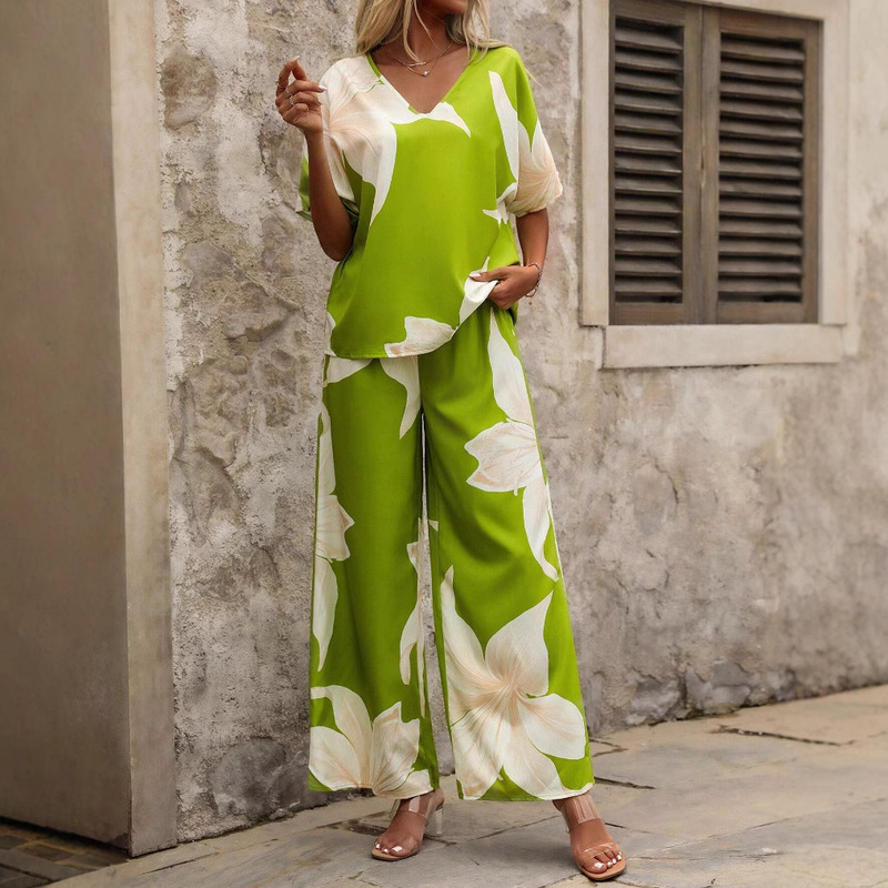 Amazon 2025 Summer European and American Suit Printed V Neck Bat Sleeve Top Long Pants Cross-Border Fashion Two-Piece Set