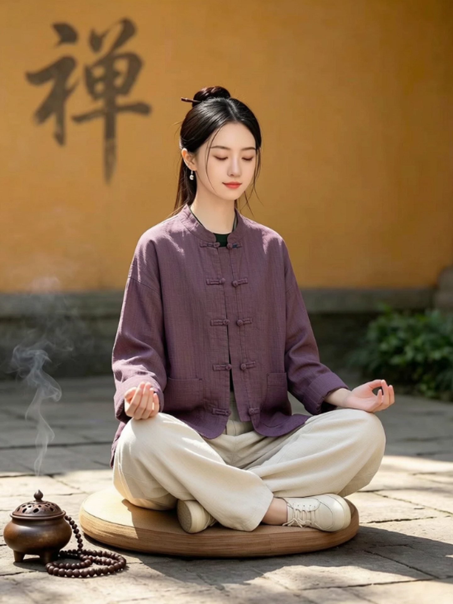 禅紫色开衫（均码）+麻色 棉麻裤