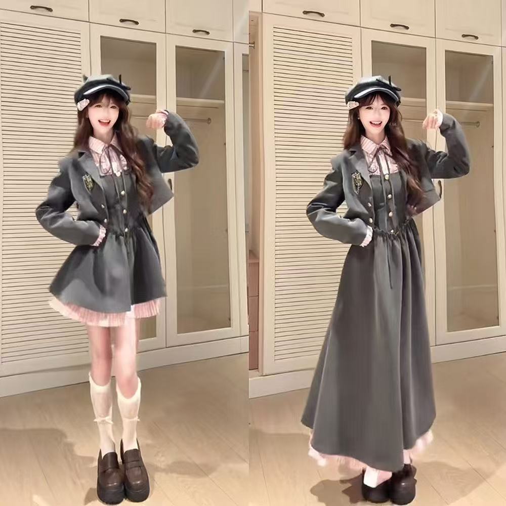 Watts College Japanese Style Atmosphere Jk Uniform Sweet Preppy Style Jacket Waist Dress Autum Two-Piece Set