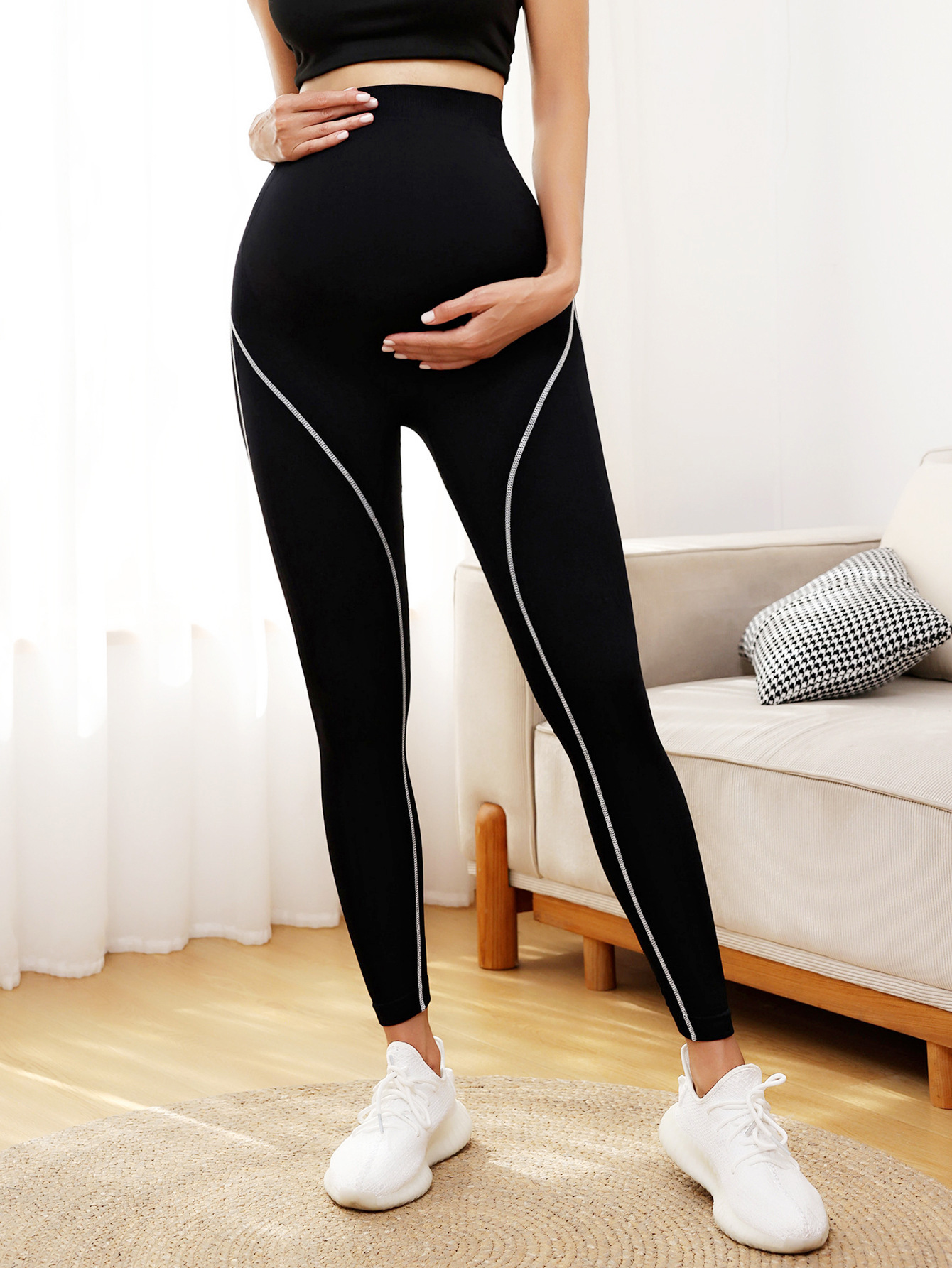Maternidad con hilo de contraste, pantalones de embarazo de cintura alta sin costuras, pantalones de embarazo de mujer, pantalones de embarazo deportivos casuales apretados