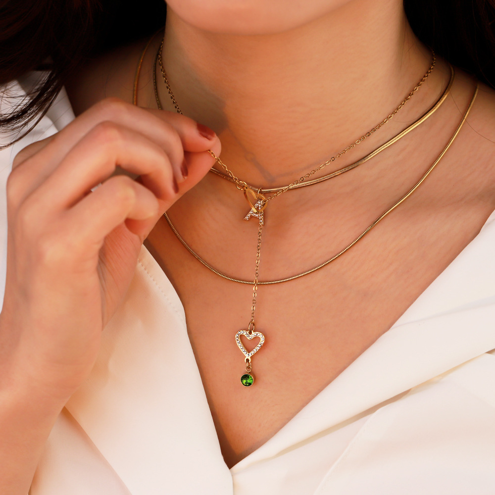 Letter, Heart Shape Pattern Wholesale Jewelry IG Style Korean Style Letter Heart Shape 304 Stainless Steel Rhinestones Birthstone Gold Plated Plating Inlay Three Layer Necklace