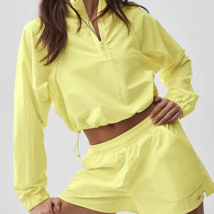 Alo Cross-Border Short 1/4 Zip Sports Top with Exposed Waist Design, High-Waisted Loose Sports Suit, American Y2K Style Alo Cross-Border Short 1/4 Zip Sports Top with Exposed Waist Design, High-Waisted Loose Sports Suit, American Y2K Style