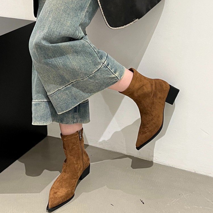 Black demi-season fashionable elastic low boots with zipper…