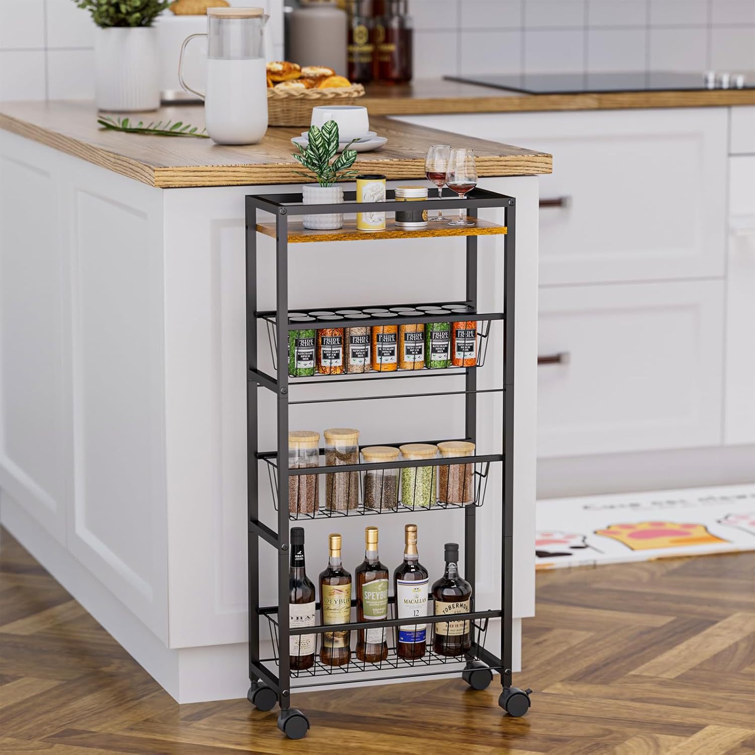 Pull-Out Basket Cart Black Movable Storage Basket Suitable for Kitchen Bathroom Living Room Vegetable Basket Amazon Exclusive