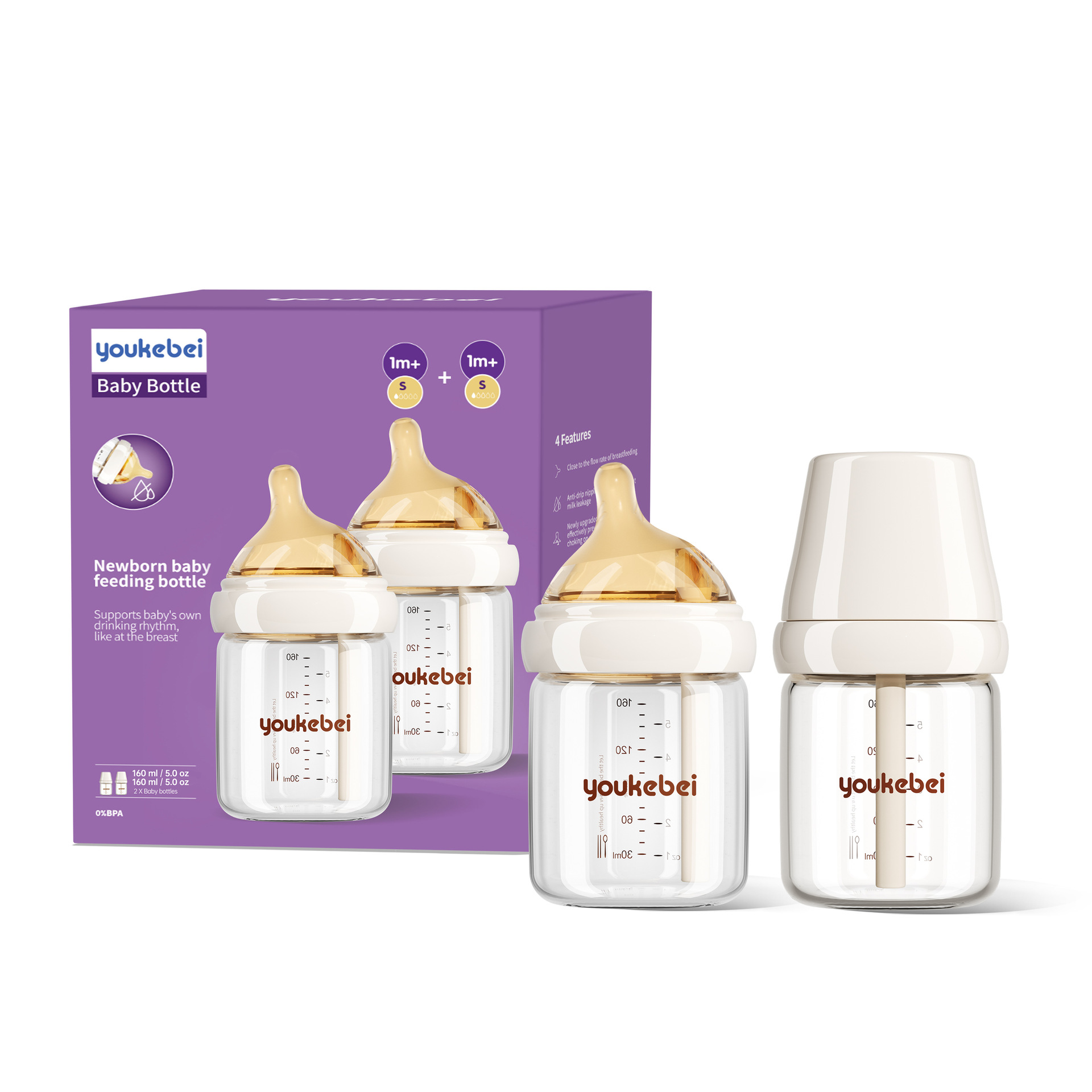 보라색 영문 포장 [160+160ML] S 사이즈 젖꼭지 2개 증정
