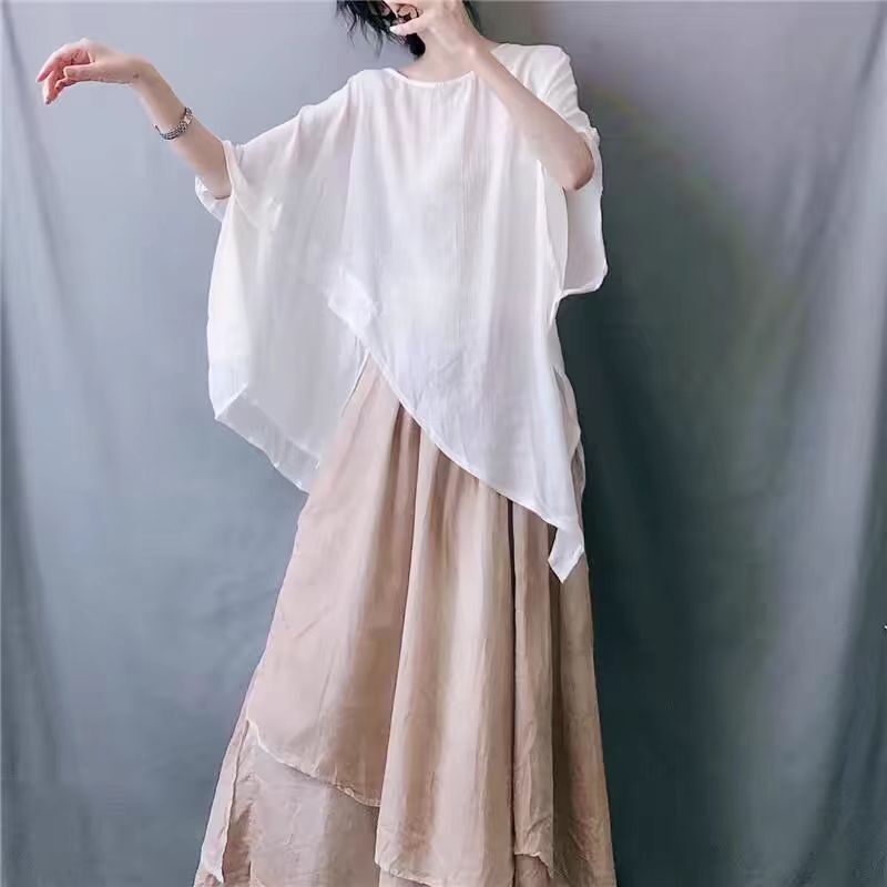 Cotton and Linen Top plus size Women's T-Shirt Covering Meat Slimming Elegant Irregular Cold Wind Thin Sunscreen Bat Sleeves