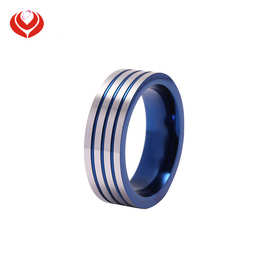 时尚款8MM不锈钢间蓝戒指 男士饰品 不锈钢蓝色三凹槽戒指现货