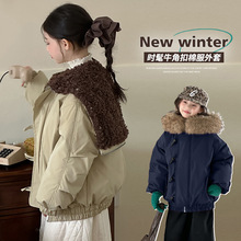 女童大毛领牛角扣棉服2025新款大童美式复古加厚派克服保暖冬外套