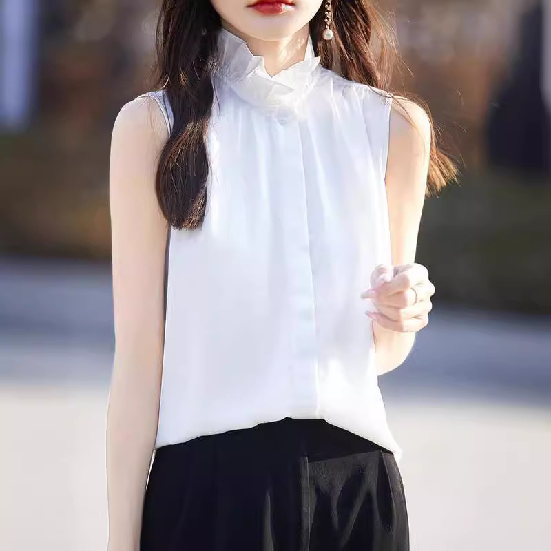 Fungus lace stand collar sleeveless vest shirt Women's inner solid color professional bottoming shirt design versatile top