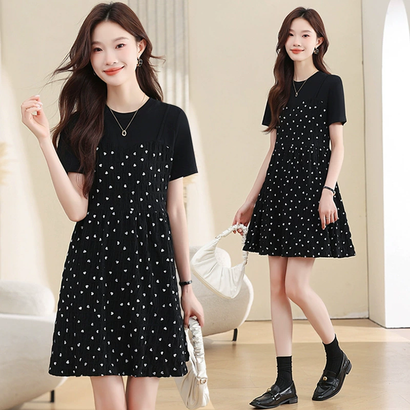 Настоящая фотография вязаного принта с романтическим сердцем в горошек! Женское летнее повседневное платье из двух частей, свободная юбка