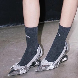 [Ready Stock] Future Style Bow Sports Style Retro Racing Shoes Suspended Special-Shaped Heel Pointed Toe Shallow High Heels