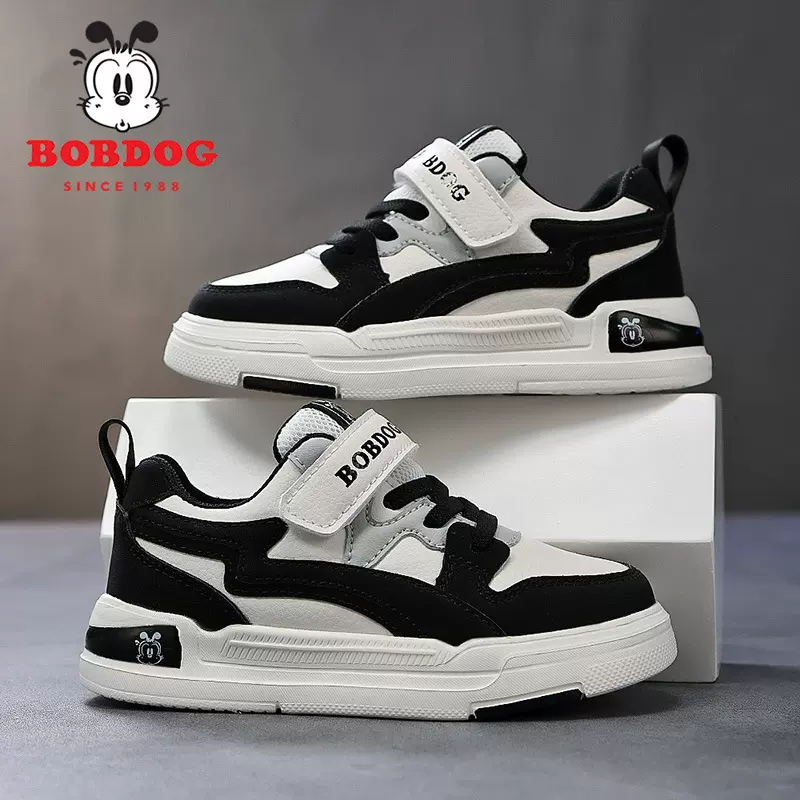 巴布豆儿童休闲运动鞋2025春秋新款男童防水皮面女童中大童板鞋潮