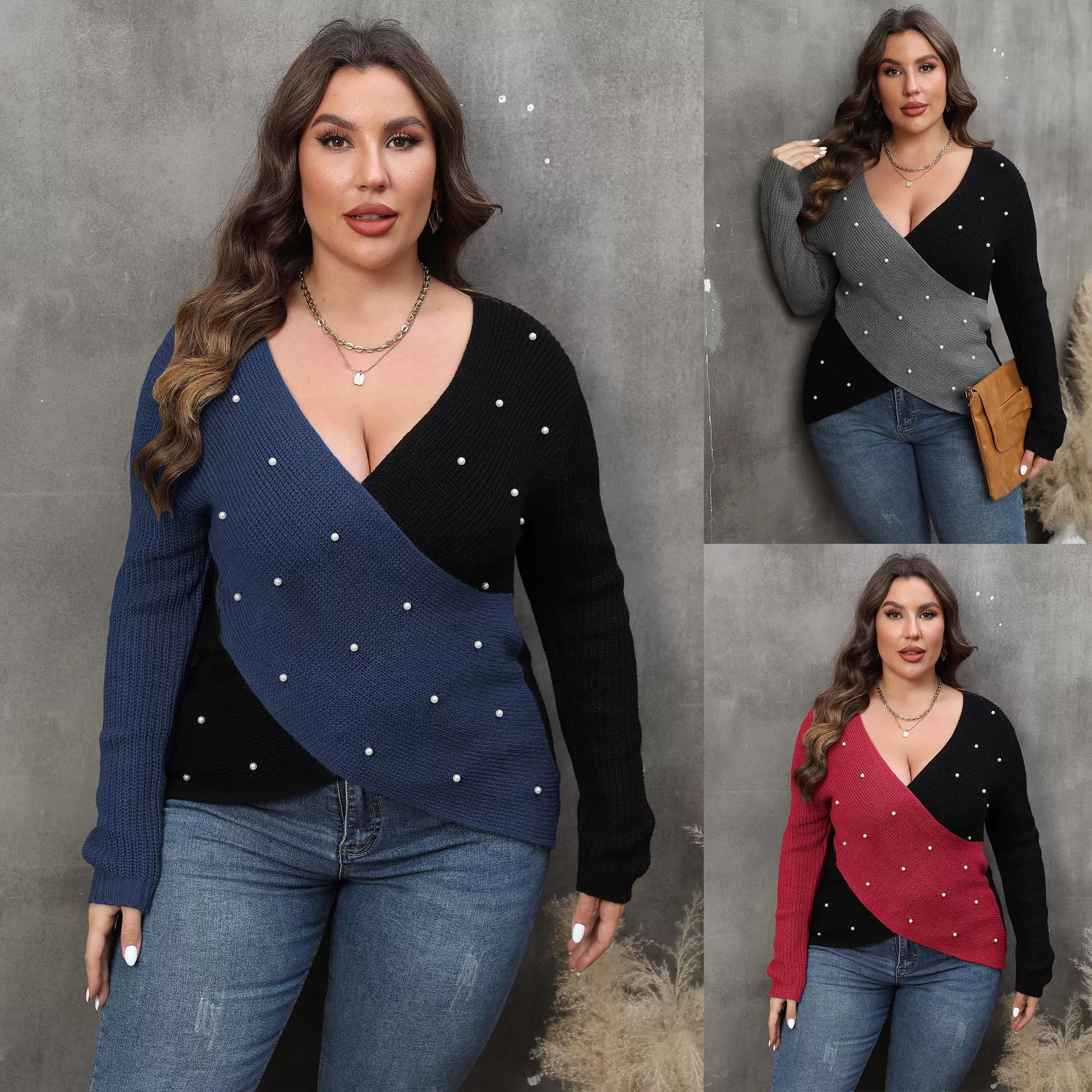 跨境欧美大码女装撞色拼接性感深V交叉钉珠毛衣长袖女士上衣M624