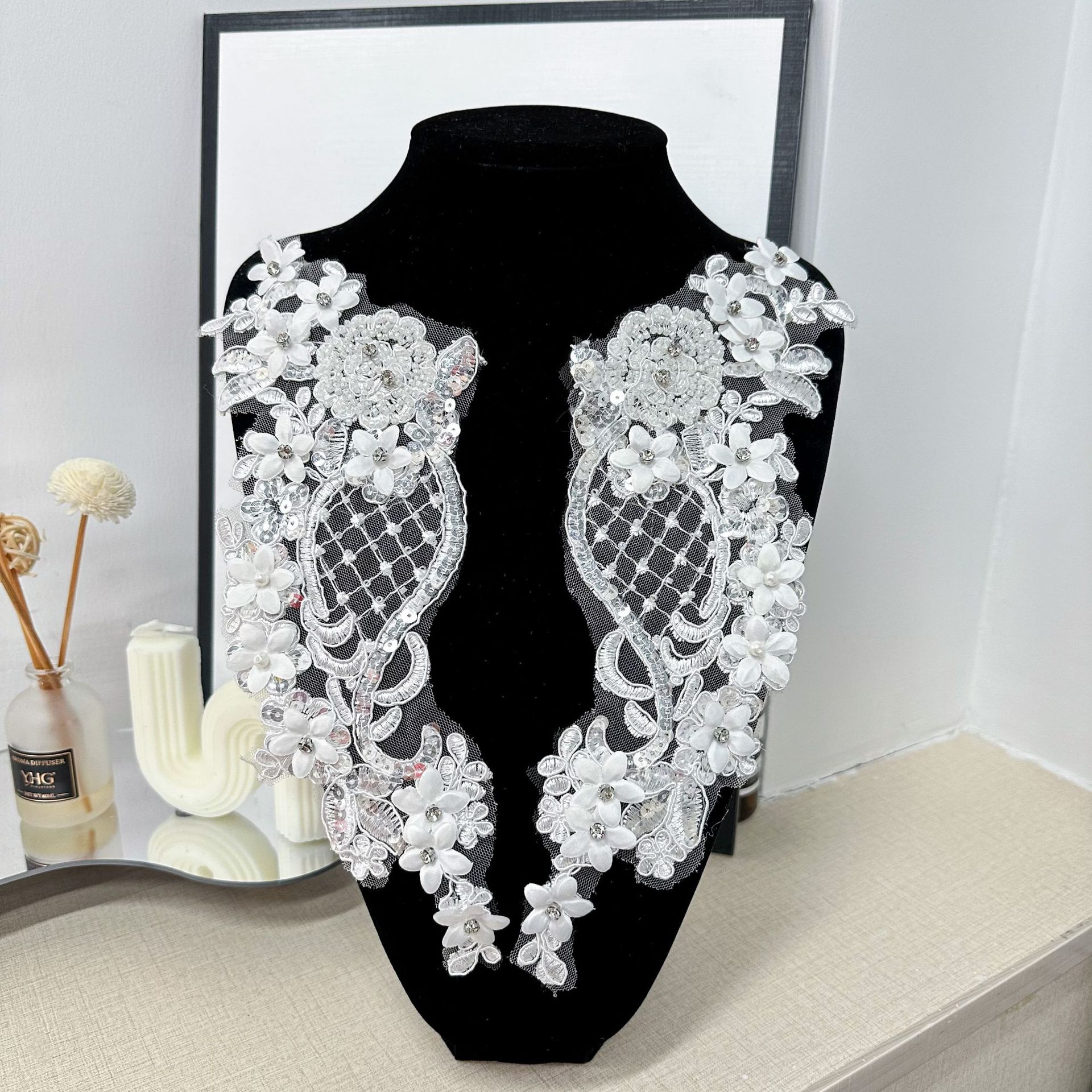 Inventario de alta calidad negro y blanco encaje hueco hueso de tela flor flor flor estereoscópico accesorios de ropa decoración vestido camisa image 2