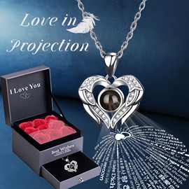 跨境ozon爆款100种语言天使之翼心形吊坠锁骨链时尚ins风投影项链