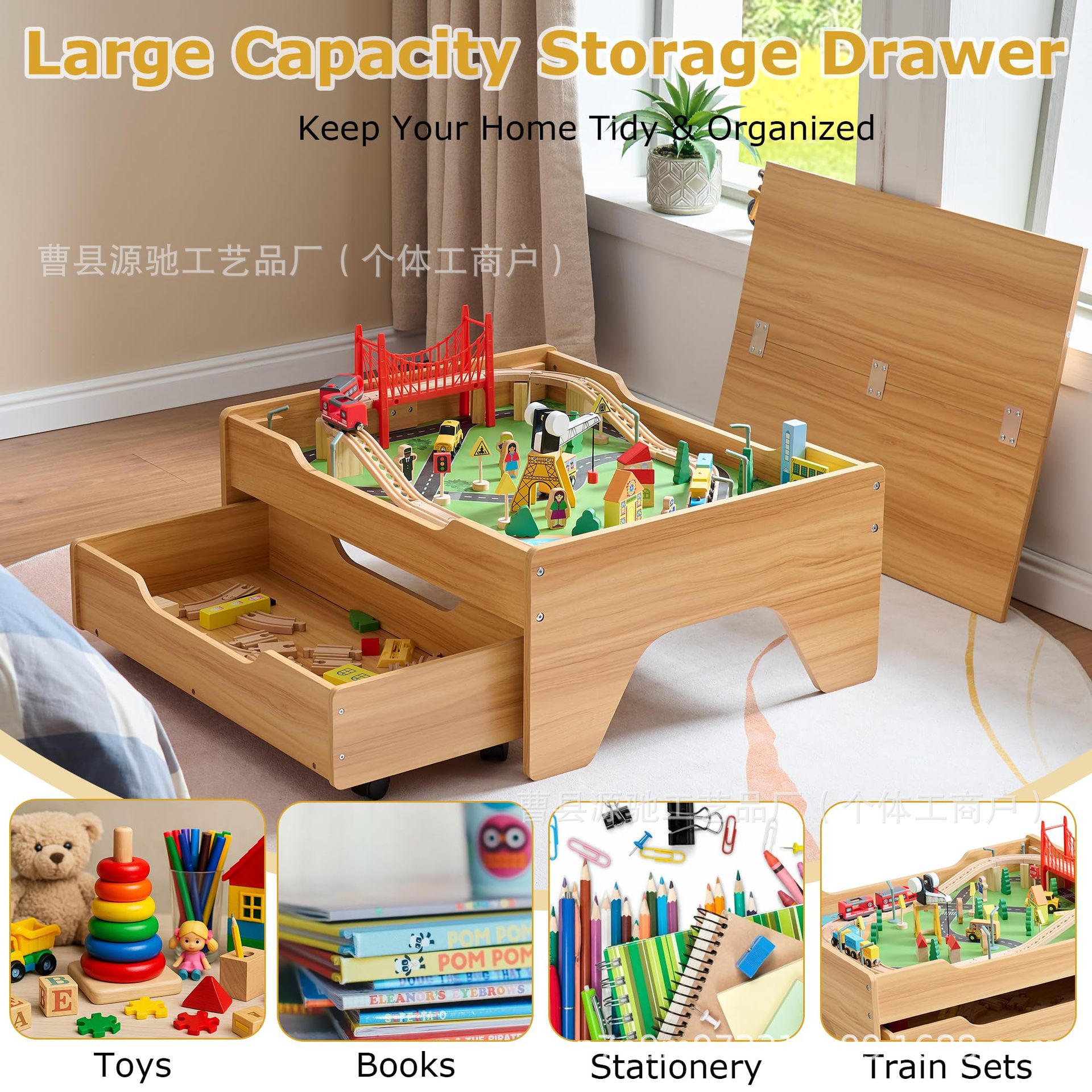 Wooden Children's Table Building Blocks Toys with Pulley Movable Storage Drawer Rolling Kids Play Painting Activity Table